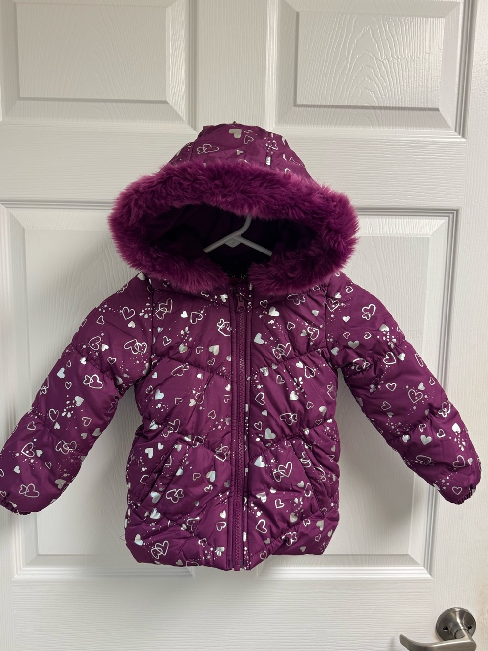 London Fog Girls' Purple Heart-Print Hooded Puffer Jacket with Faux-Fur Trim S/4